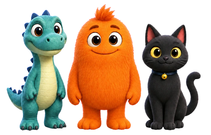 Static source image containing a dinosaur, orange monster, and black cat together